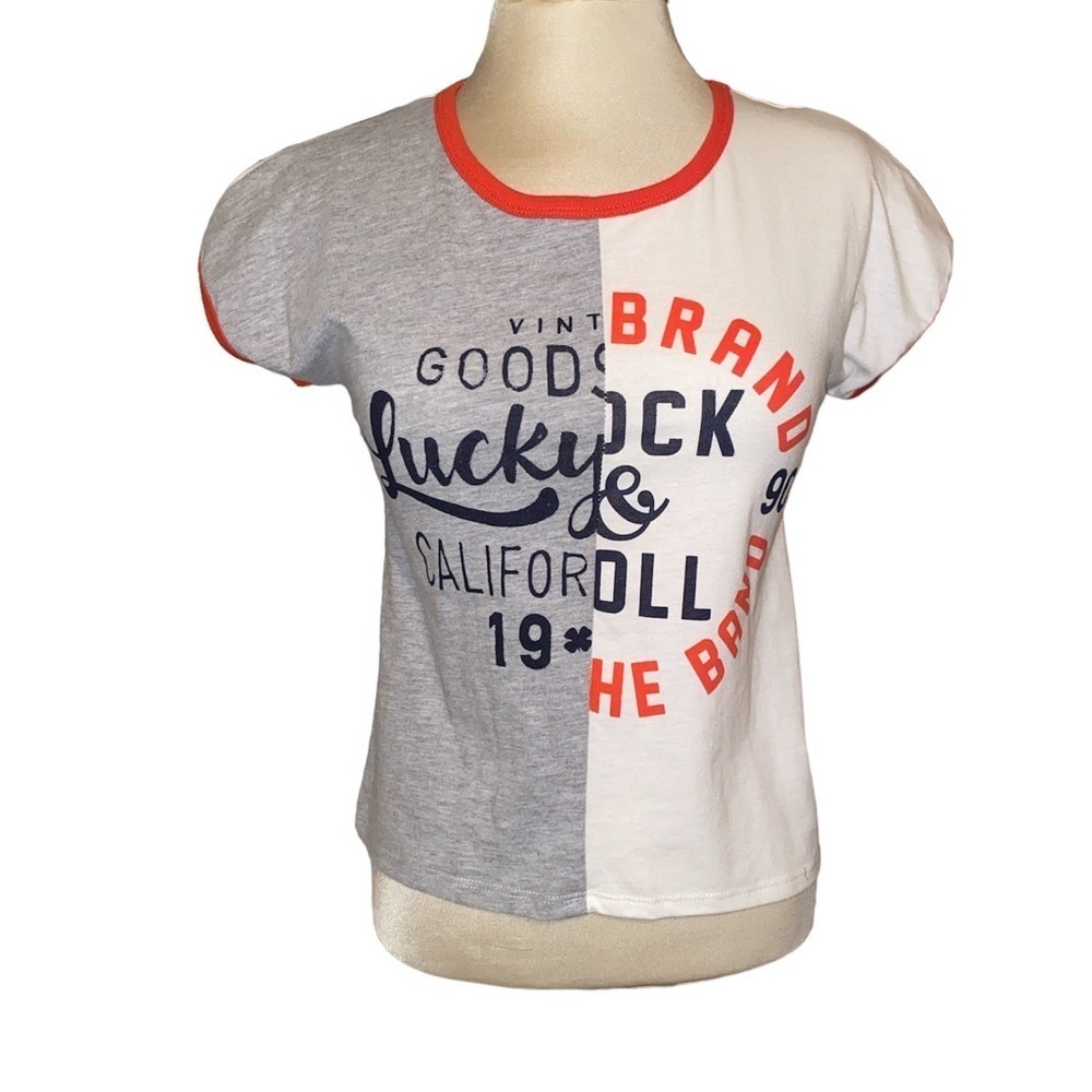 Lucky Brand T-shirt split look print short sleeves slight high/low Sz Medium NWT